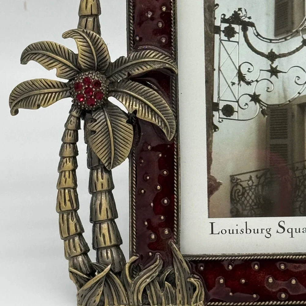 Louisburg Square Jeweled Picture Frame Burgundy Enamel Flamingo Palm Tree 6x8